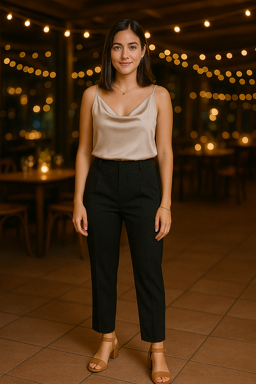 Blusa satinada con pantalón negro elegante
